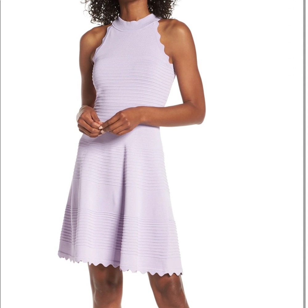 Eliza J Scalloped Fit & Flare Sweater Dress, Lilac, Large